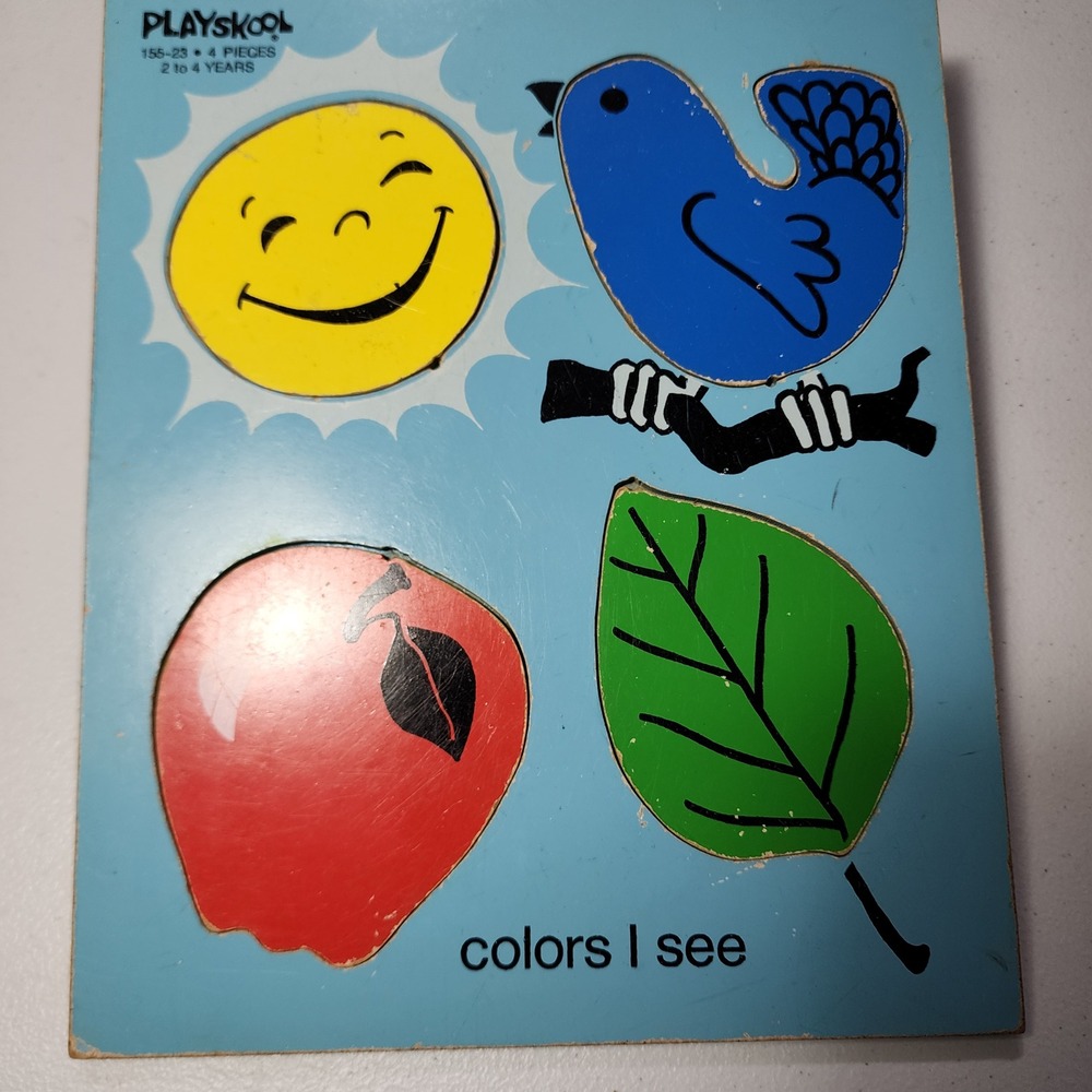 Vintage Playskool Colors I See Wooden Inlay Puzzle 155-23 4 Pieces Toddler Toy